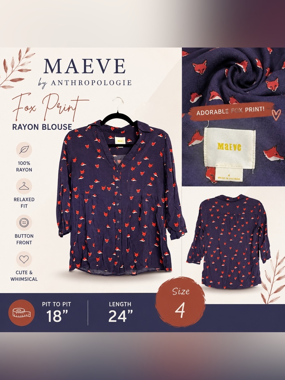 Maeve Anthropologie Fox Print Rayon Blouse Top Size 4 Whimsical Unique Animal
